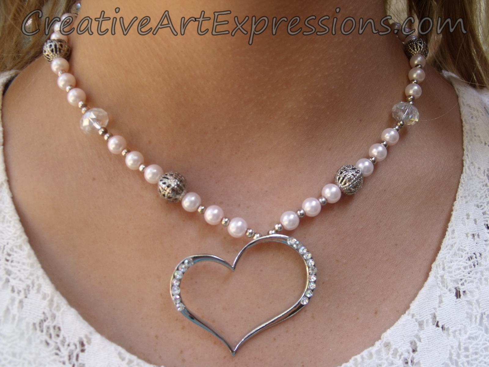 Creative Art Expressions Handmade Pink & Silver Heart Necklace Jewelry Design